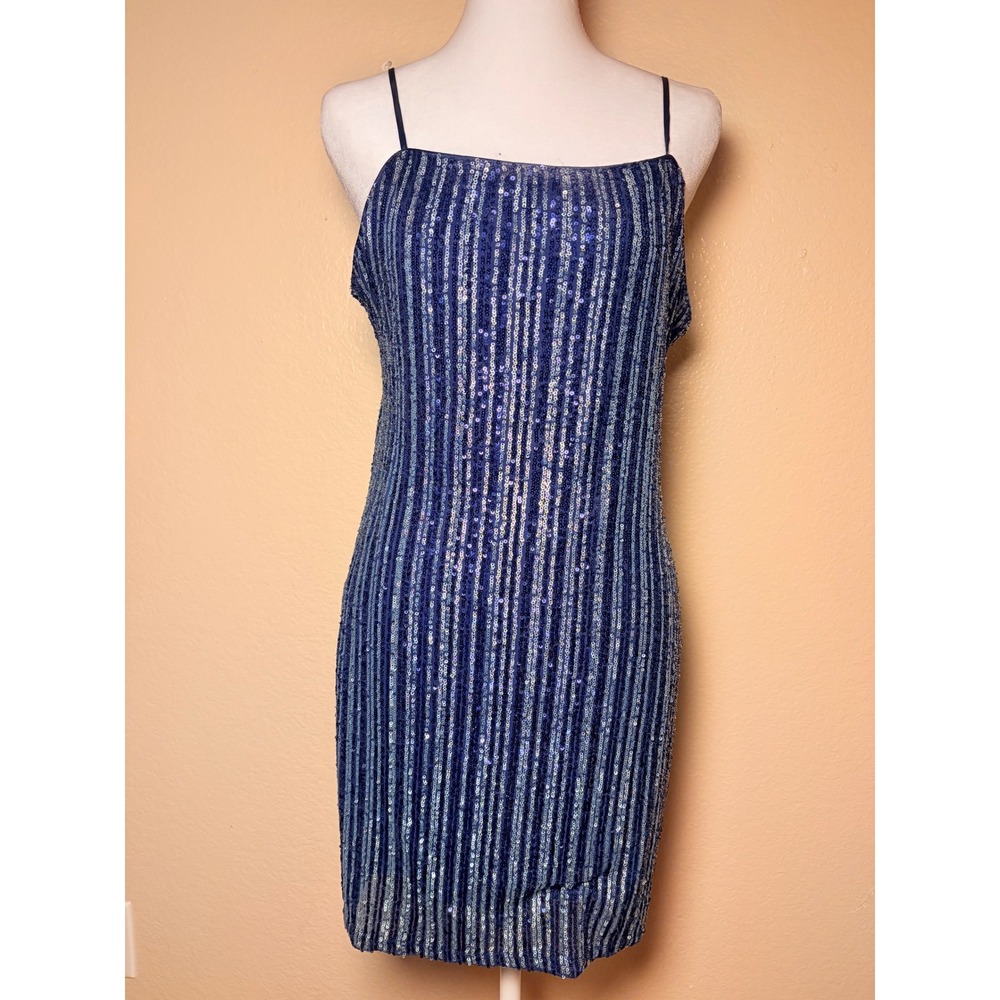 Y2K Trixxi Blue Silver Sequin Striped Mini Dress Sleeveless Party Cocktail XL